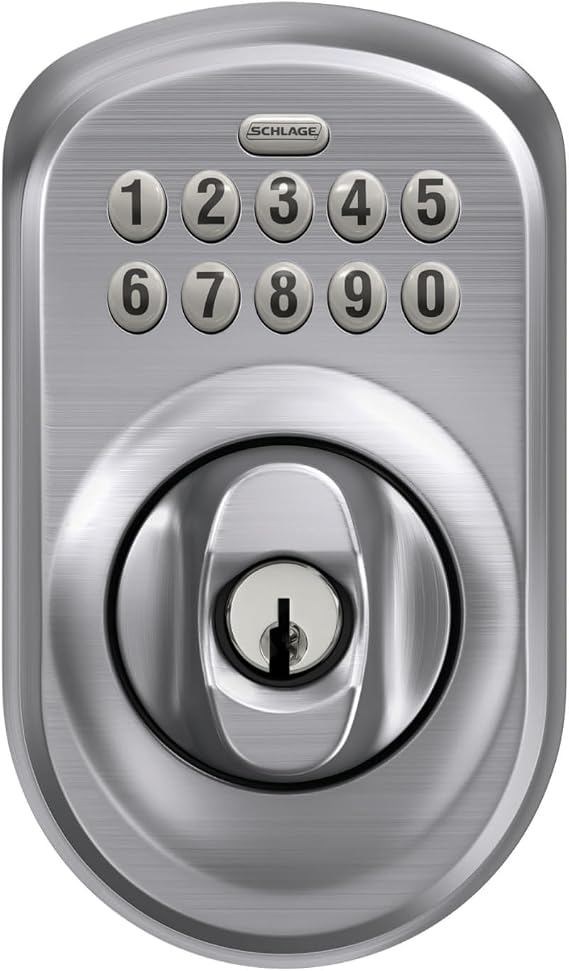 Schlage Plymouth Electronic Keypad Deadbolt Lock, Keyless Front Door Entry, Mechanical Key Backup Included, Satin Chrome, BE365 PLY 626 | Keyless entry door lock, Push button keypad deadbolt, Key backup included, Certified security, Easy install, BE365