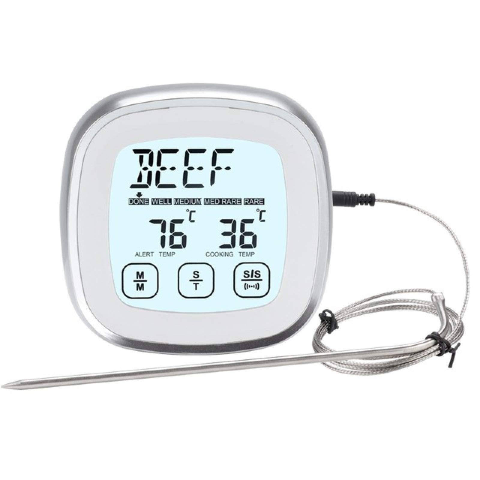 Termómetro De Cocina Termómetro Digital De Carne Para Cocinar En La Cocina De La Parrilla, Medidor De Lectura De Temperatura Instantánea, Con Sonda Con Cable De Metal (Longitud Del Cable Blanco 1M)