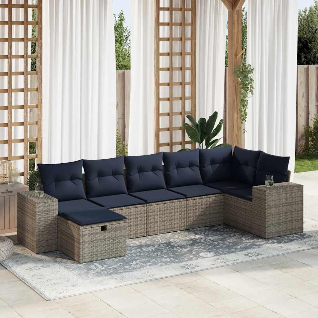 Set di 7 mobili da giardino con cuscini, in polyrattan, per terrazza, balcone e esterni, con vano portaoggetti, resistente alle intemperie, salvaspazio, divano, tavolo, poltrona, panca