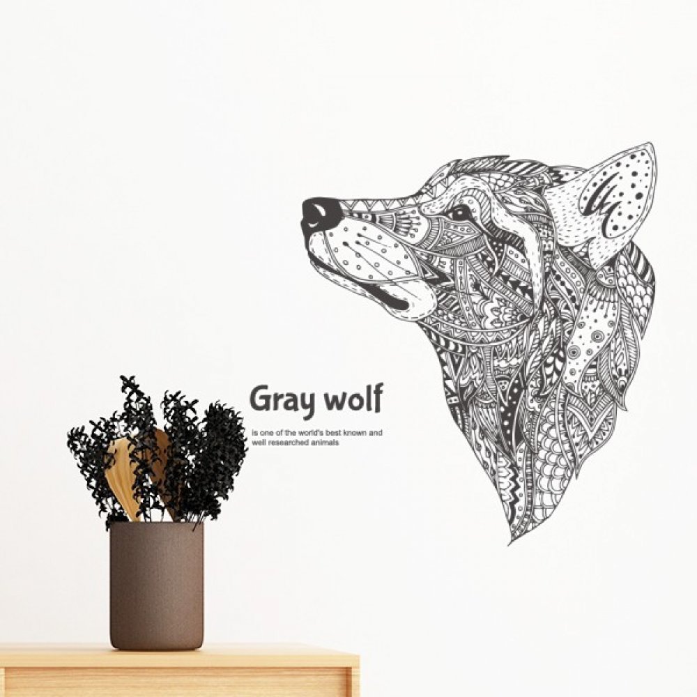 Sticker mural loup gris grand format 70cm vinyle repositionnable décoration chambre DIY