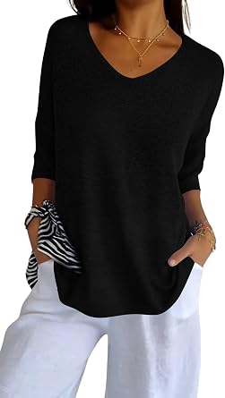 DMOYALA Knit Sweater for Women Dressy Casual V Neck Sweaters 3/4 Sleeve Soft Lightweight Sweaters Fall Sweater Pullover