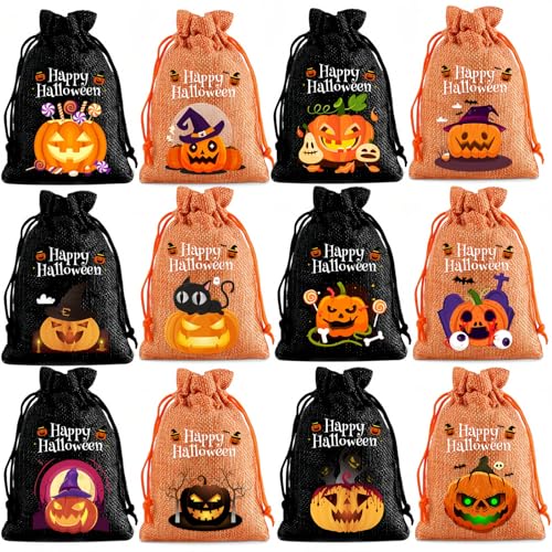Sacco di Iuta con Motivo a Zucca,Borsa con Coulisse In Iuta per Halloween,Sacco con Coulisse di Halloween per Conservare Caramelle,Cibo,Giocattoli,Arancione+Nero,12 pezzi,10 * 14 cm
