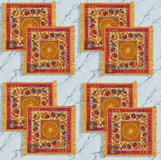 ANI DIVINE Pack of 8 Velvet Finish Square Yellow Pooja Mat | Traditional Rangoli Print Aasan Puja Cloth for Home Mandir, Prayers, Meditation-picture-10