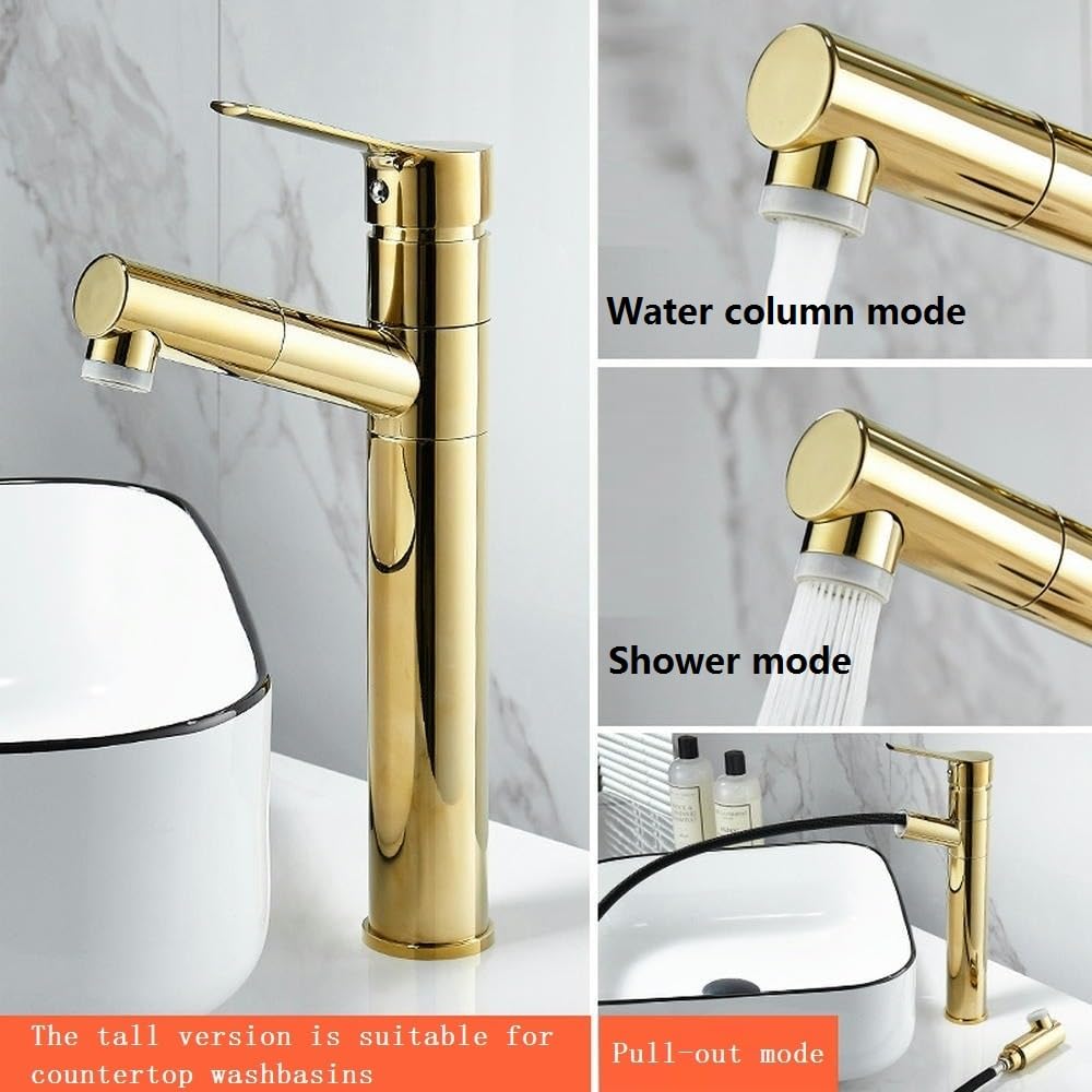 Grifo Giratorio de Cobre para baño con pulverizador extraíble, Grifo Mezclador de Agua fría y Caliente para bañera y Fregadero, Elegante y