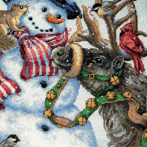 Image of Dimensions Gold Collection Counted Cross Stitch 'Snowman Gathering' Personalized Christmas Stocking Kit, White Aida, 16 inch, 18 Count