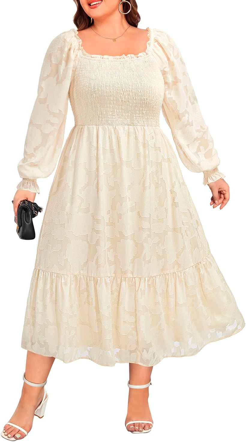 Women's Plus Size Fall Dress - Wedding Guest Long Sleeve Floral Lace Aline Flowy Midi Dress - Image 5