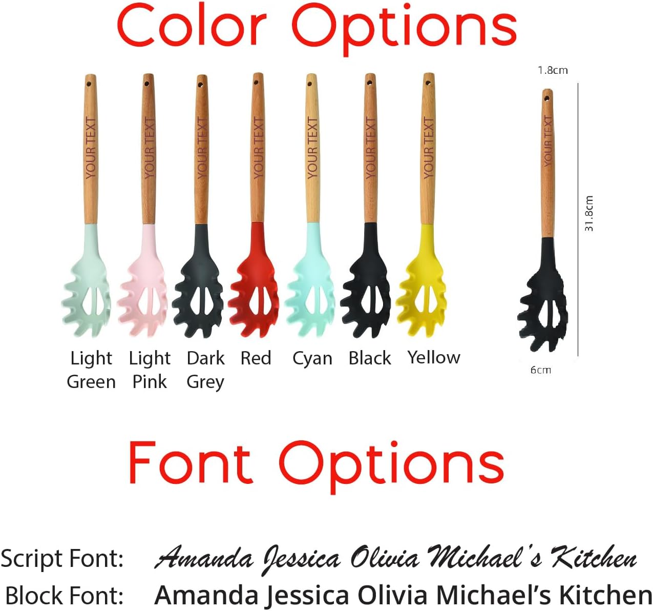 Personalized Pasta Fork Silicone Engraved Wooden Handle with Your Text, Wedding Favors Bachelorette Custom Spaghetti Strainer Noodle Server Spoon Chef Gift First Home Mother's Day Baby Shower