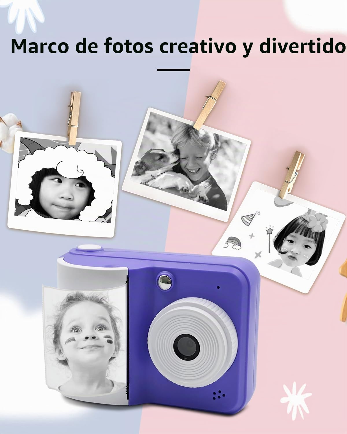 Impresora instantánea para niños, cámara con Pantalla LCD, Juegos, vídeo y Fotos, Incluye 3 Rollos de Papel fotográfico