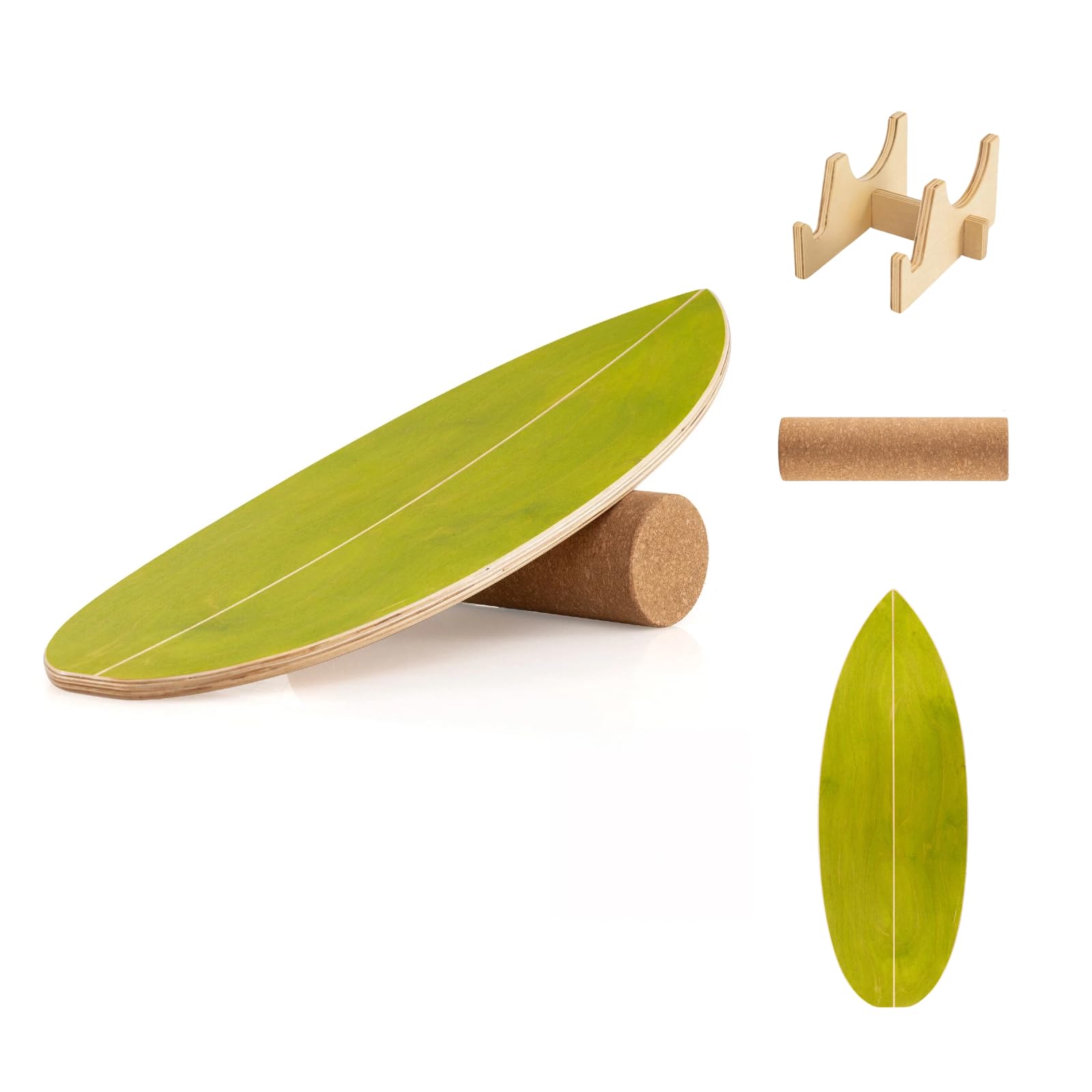 KOMFOTTEU Balance Board mit Korkrolle & Halter, Balancebrett aus Birkenholz, Gleichgewichtsboard Indoor Training Surfen Skaten, Wackelbrett Trickboard max.150kg belastbar