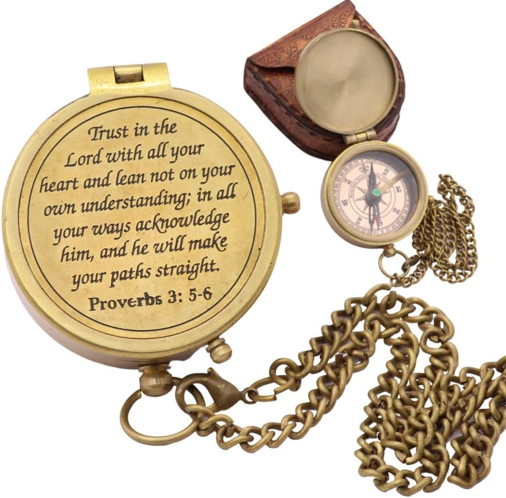 Compass – Brass Directional Vintage Compass Engraved with “Trust in The Lord with All Your Heart” Proverbs 3:5-6 Quote, Baptism 2026 Communion Christian Inspirational Gifts for Women/Men