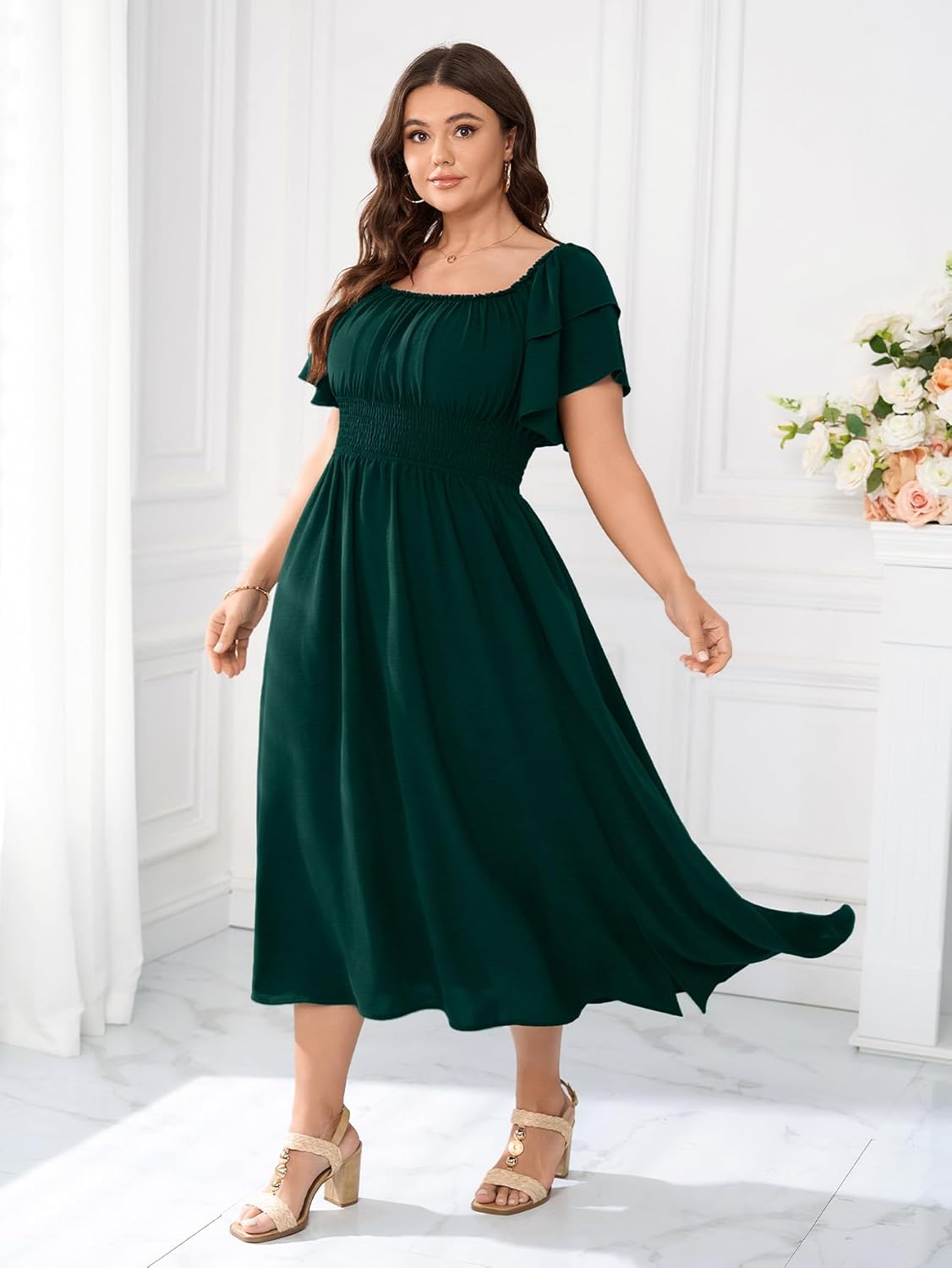 Plus Size Maxi Dress Off The Shoulder Ruffle Smocked Wedding Guest Cocktail Slit Hem Flowy Dresses for Curvy Women - Image 4