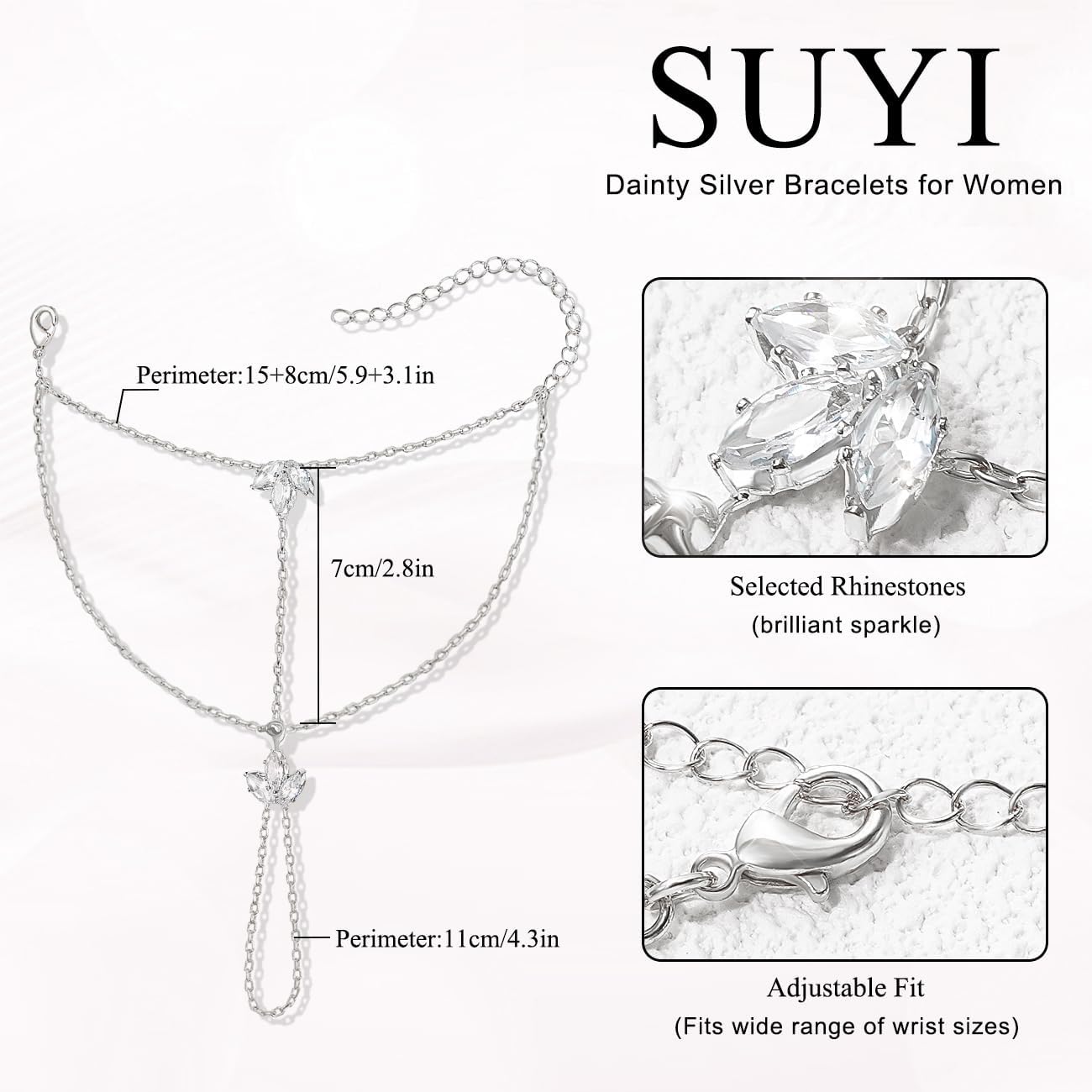 Suyi Gold/Silver Hand Chain Bracelet Ring Bracelet Rhinestone Finger Ring Bracelets - Image 4