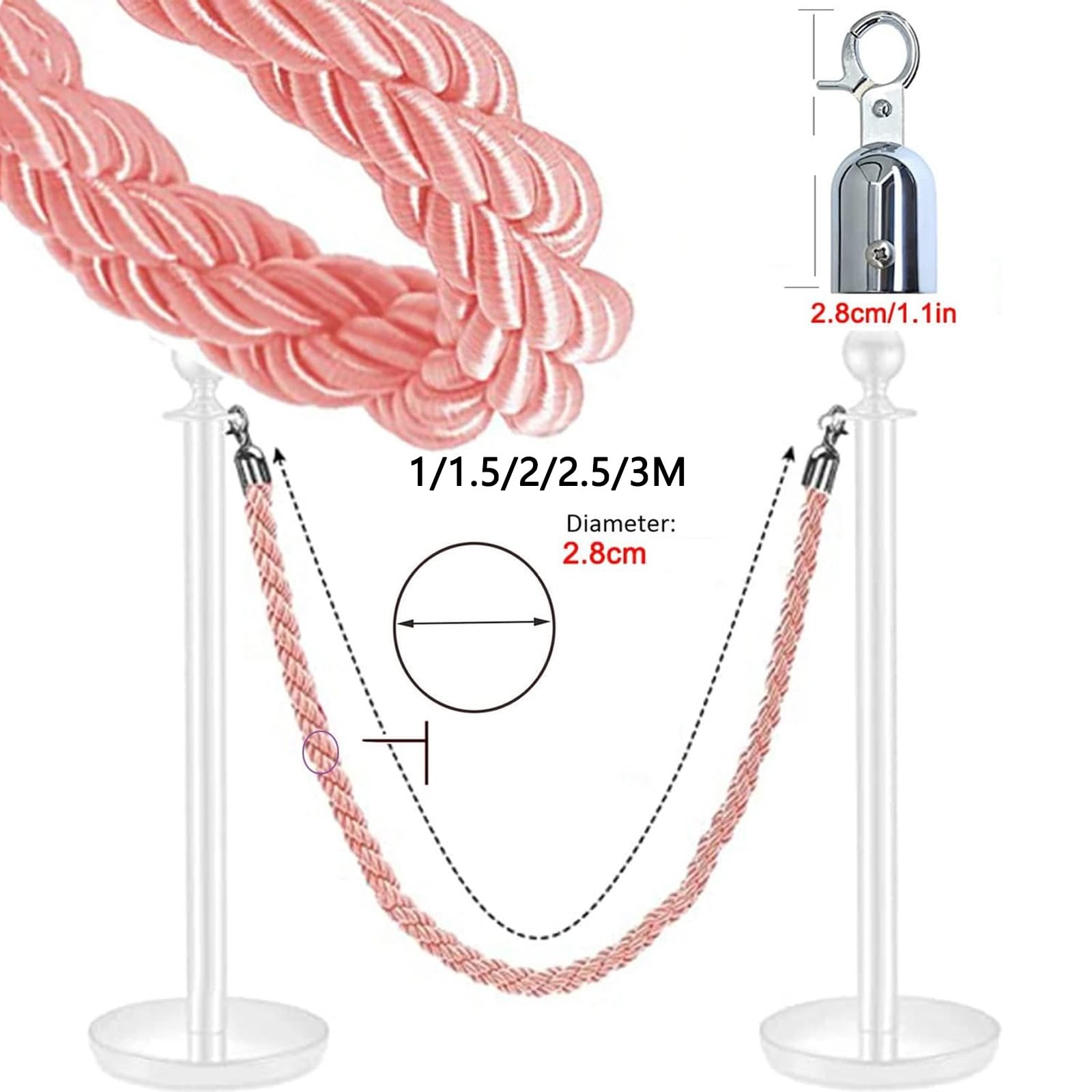 CAIFEXUE Barrier Ropes with Silver Hook, 1/1.5/2M, Crowd Control Rope, Braided Hemp Rope for Queue Divider Crowd Control of Restaurant Movie Theater Hotel Celebration/C/1M