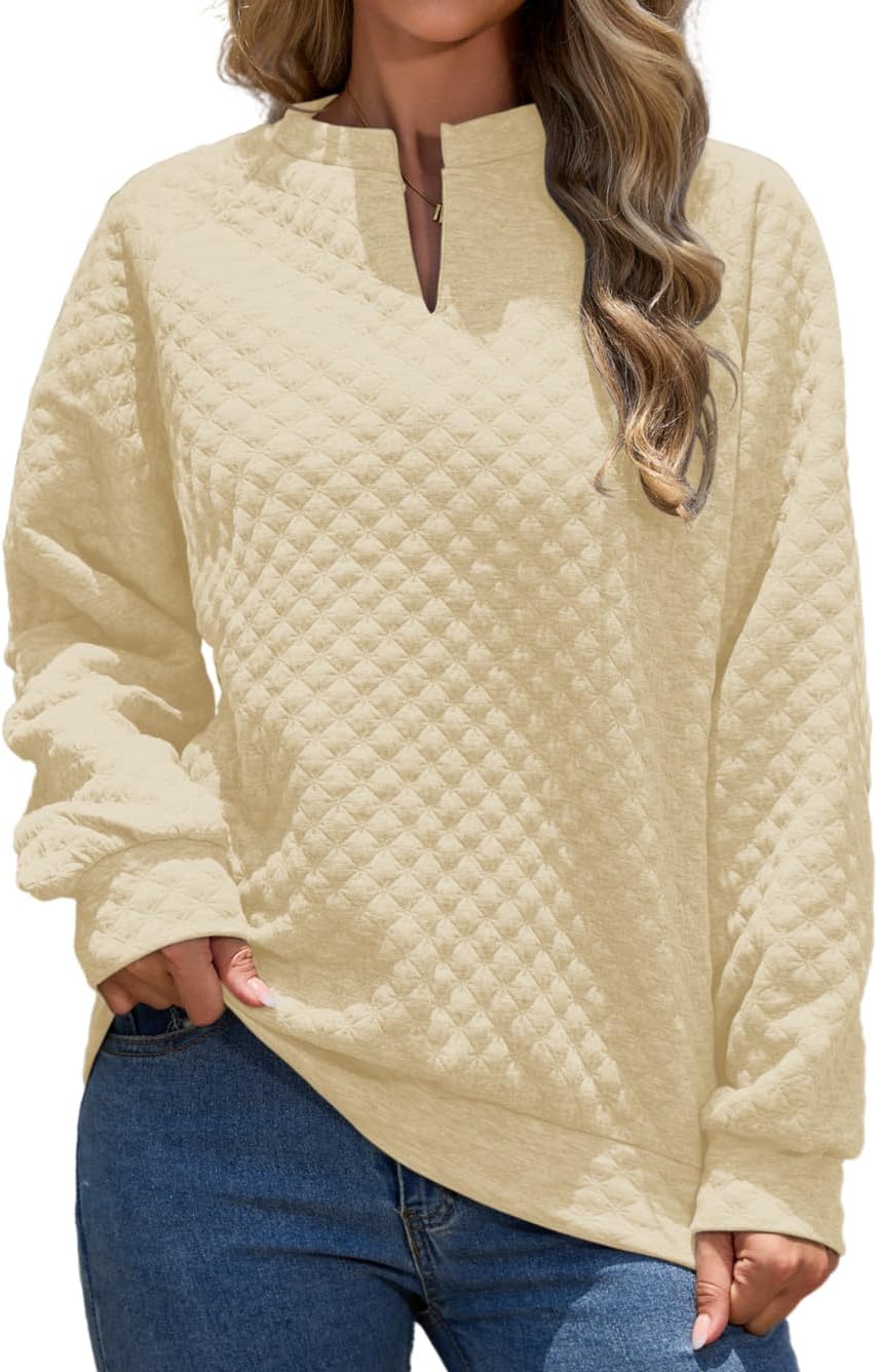 EHSUYAB Women Trendy Quilted Plain Sweatshirt, Raglan Long Sleeve Loose Lightweight Pullover Top, Casual Fashion Fall Outfits