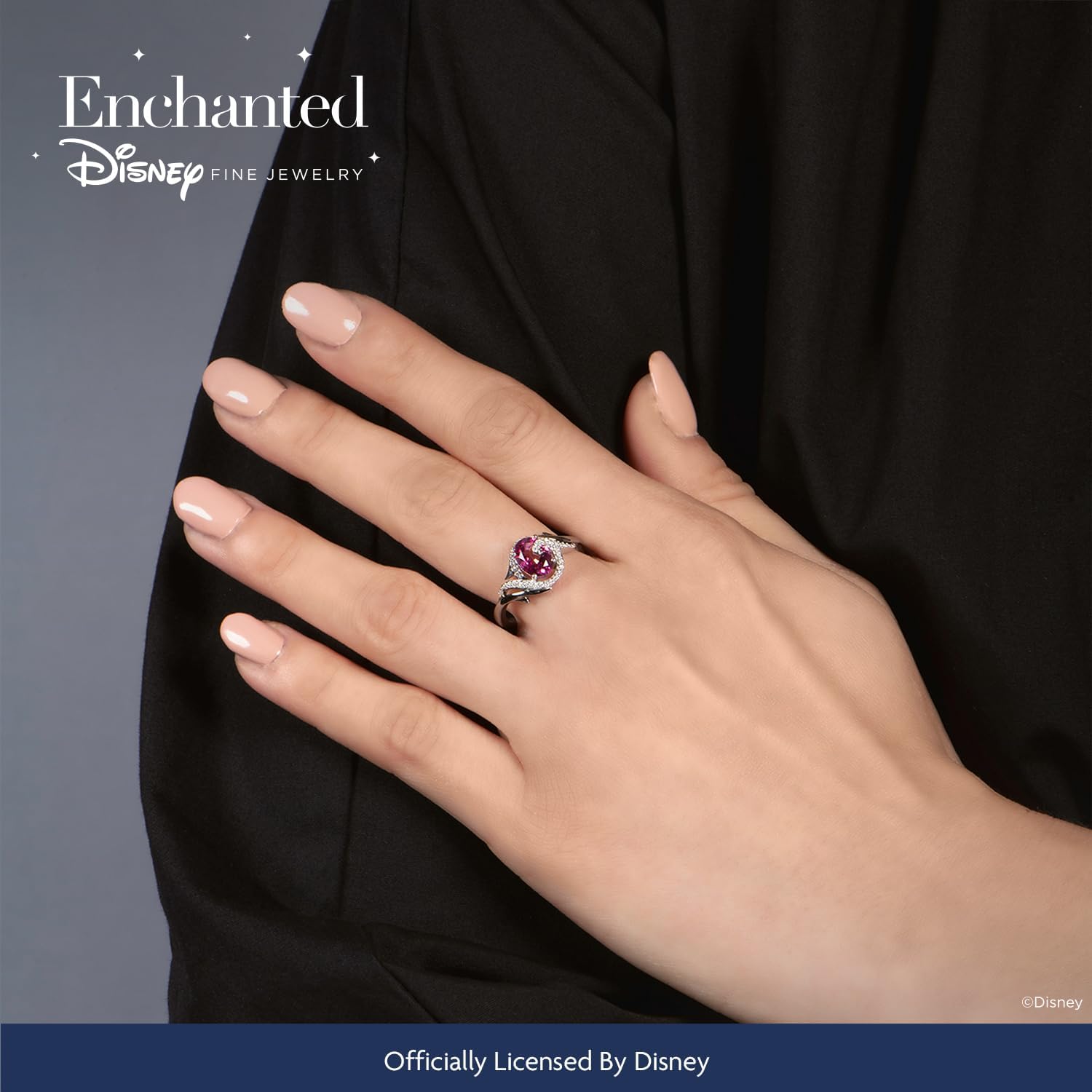 Jewelili Enchanted Disney Fine Jewelry Sterling Silver with Black Rhodium 1/10 CTTW Diamond and Pink Topaz Maleficent Ring