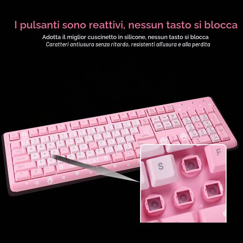 Tastiera rosa, tastiera ergonomica cablata USB ultra sottile, tastiera da gioco inglese carina per PC, laptop, desktop (rosa)