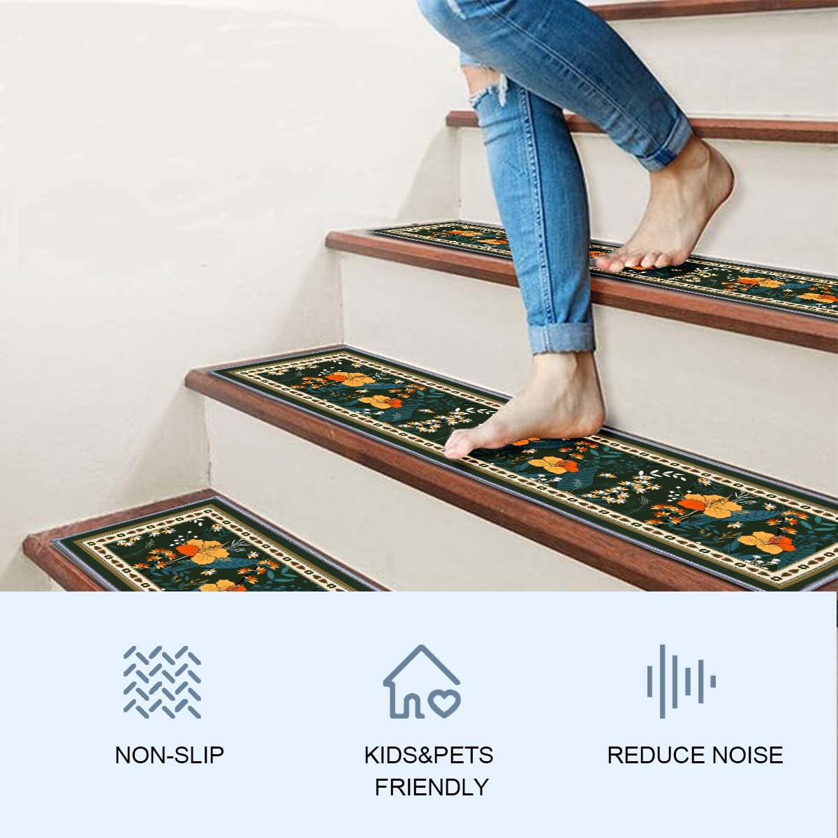 Stair Treads for Wooden Steps, 15 PCS 30"X8" Edging Non-Slip Stair Runner, Indoor Washable and Reusable Stair Treads for Kids Elderly and Pets, Colorful