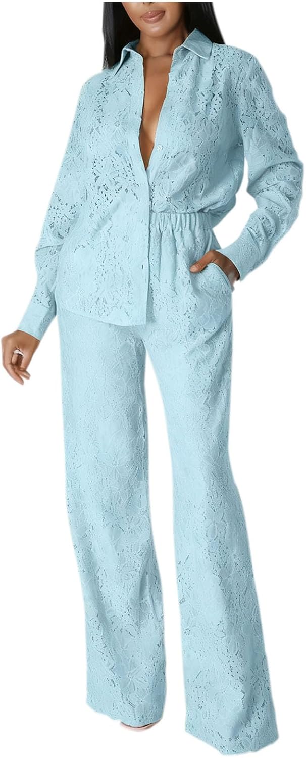 Women Sexy Hollow Out Lace Two Piece Set Elegant See Through Long Sleeve Button Collared Shirts and High Waist Pants