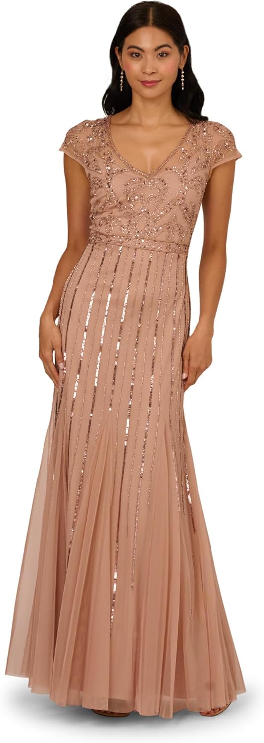 Adrianna Papell Womens Beaded Long Dress