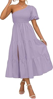 ZESICA Women's Boho One Shoulder Midi Dresses 2026 Summer Short Sleeve Smocked Split Ruffle Flowy Beach Vacation Dress