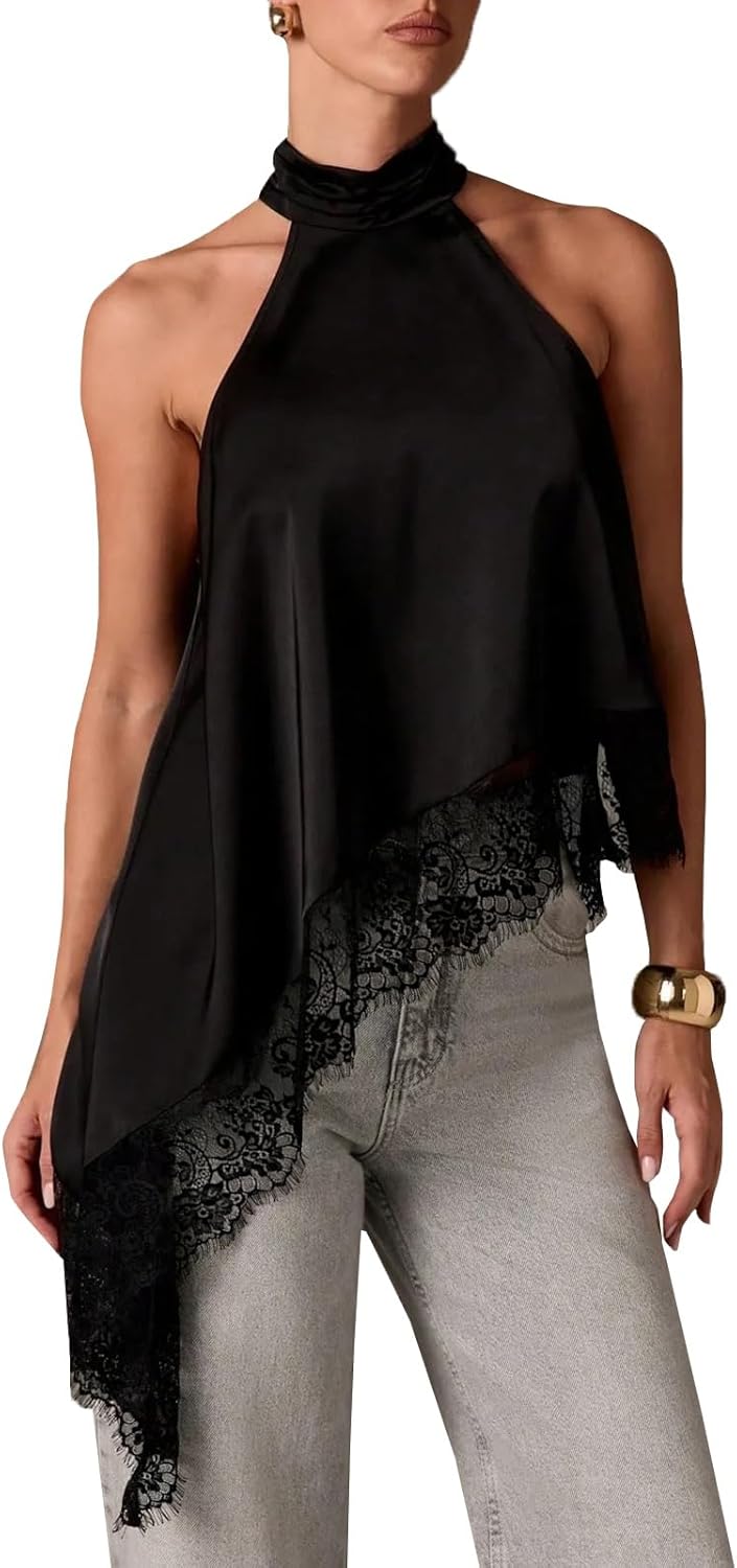Women Y2k Mock Neck Halter Top Satin Lace Asymmetrical Hem Tank Tops Sleeveless Elegant Going Out Crop Top
