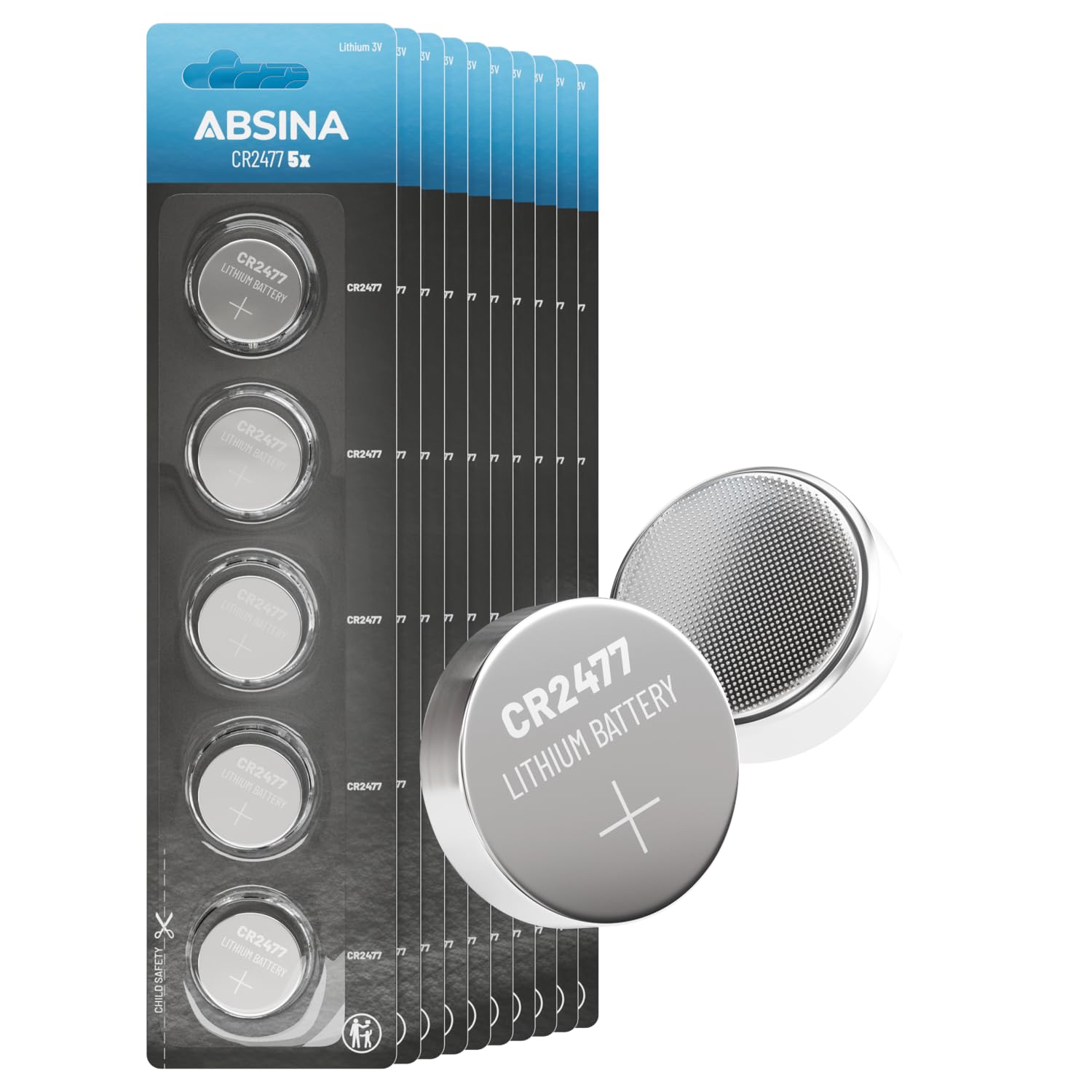 ABSINA Pila botón CR2477 3V Litio | Paquete de 50 - pila placa base litio 3V a prueba fugas y larga duración - CR2477N pilas boton
