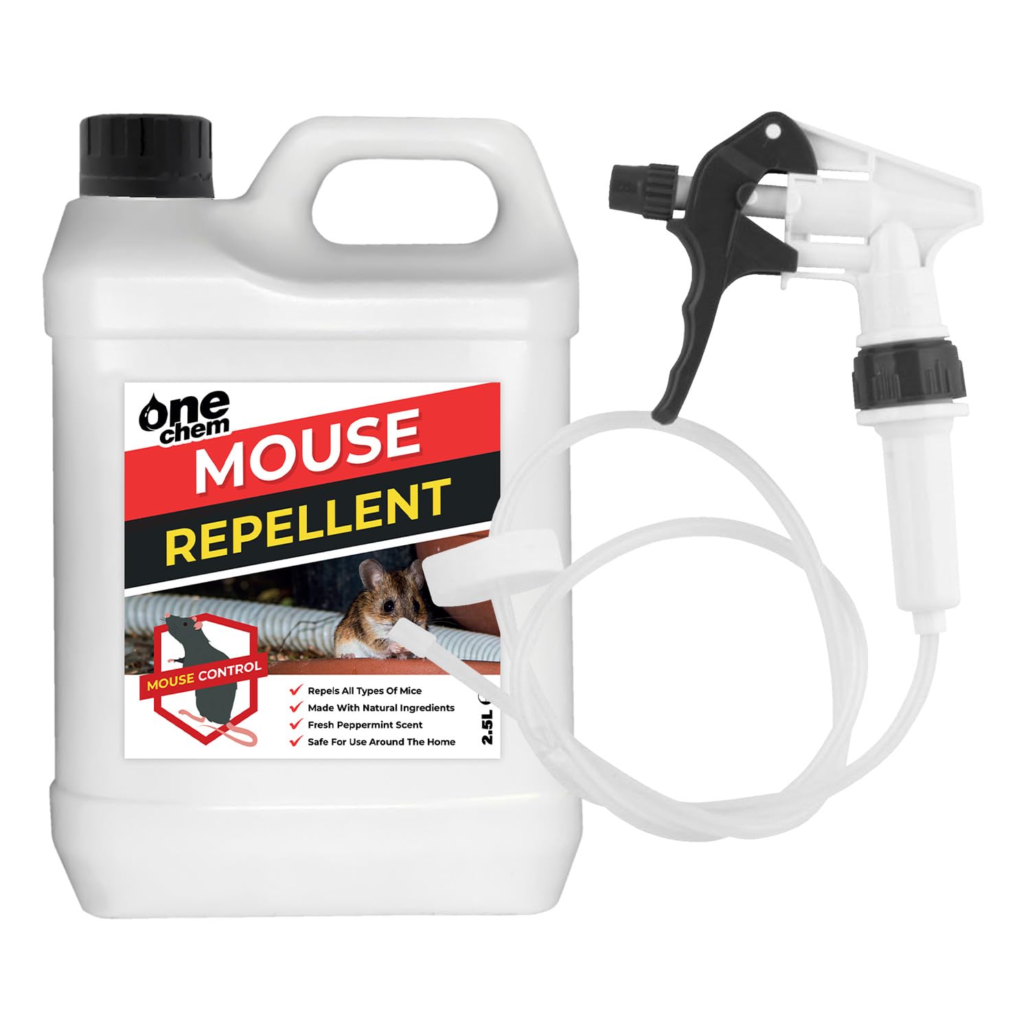 One Chem Mouse Repellent Spray, 2.5L with Long Hose Trigger, Peppermint Scent, Anti-Rodent Solution for Home, Garden, Loft, Garage, Indoor and Outdoor Use