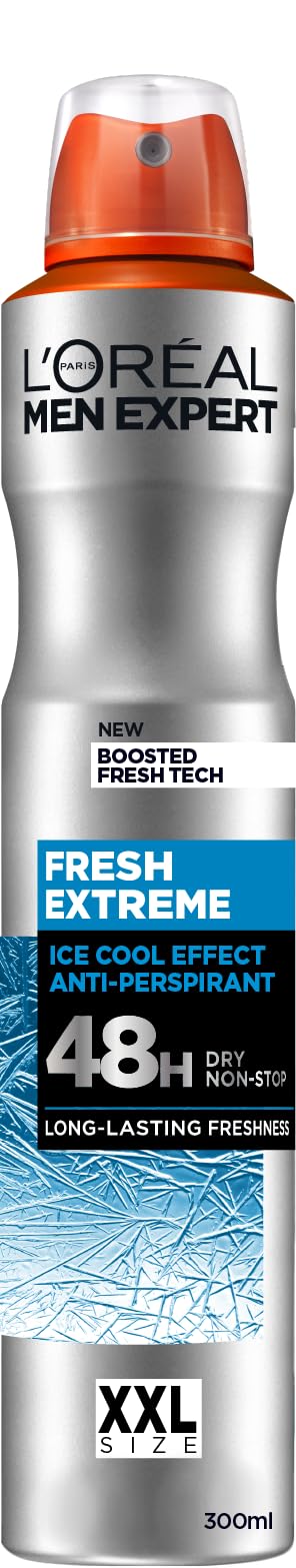 L'Oréal Mens Deodrant Spray, Men Expert Fresh Extreme XXL Anti-Perspirant Spray, 48H Ultra-Absorbent Dry Effect with Instant Ice-Cool Sensation, Alcohol-Free, Super Size 300ml