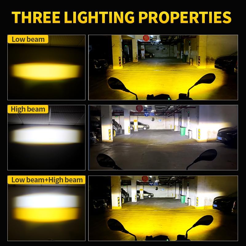 Motorcycle Fog Lights Auxiliary Spotlights White/Amber Driving LED Light Kit, High/Low Beam with 7 Modes Dual-Color Strobe for Tractor Truck ATV UTV SUV Boat, 2PCS