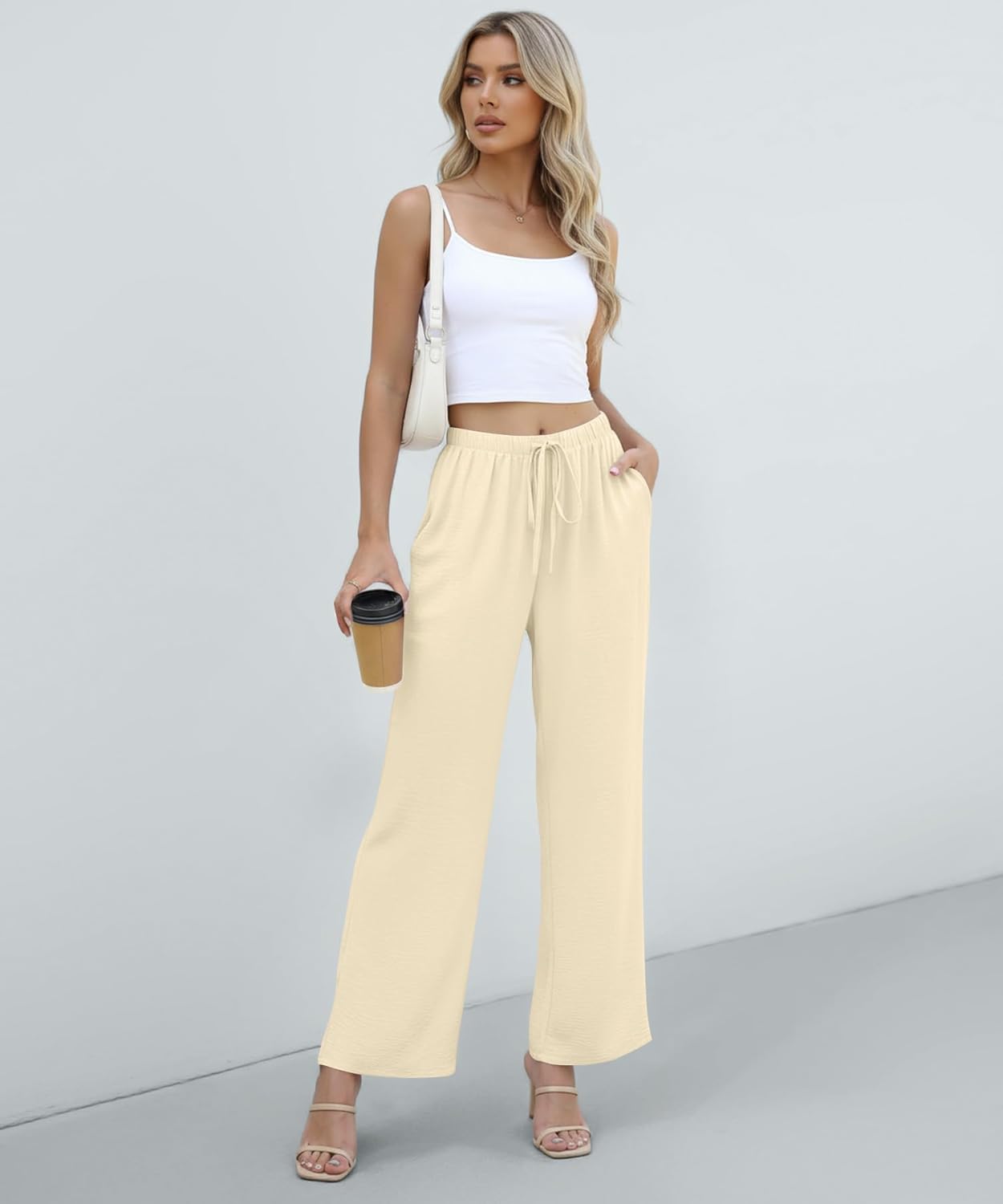 Women's Summer Wide Leg Pants High Waisted Palazzo Flowy Lounge Casual Elastic Drawstring Lightweight Pockets - Image 4