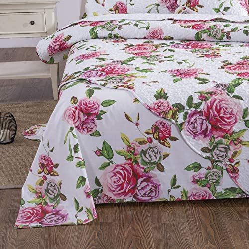 DaDa Bedding Romantic Roses Fitted & Flat Sheet Set w/ 2 Pillow Cases - Lovely Spring Pink Floral Colorful Bright Vibrant - 4-Pieces Set Queen Size