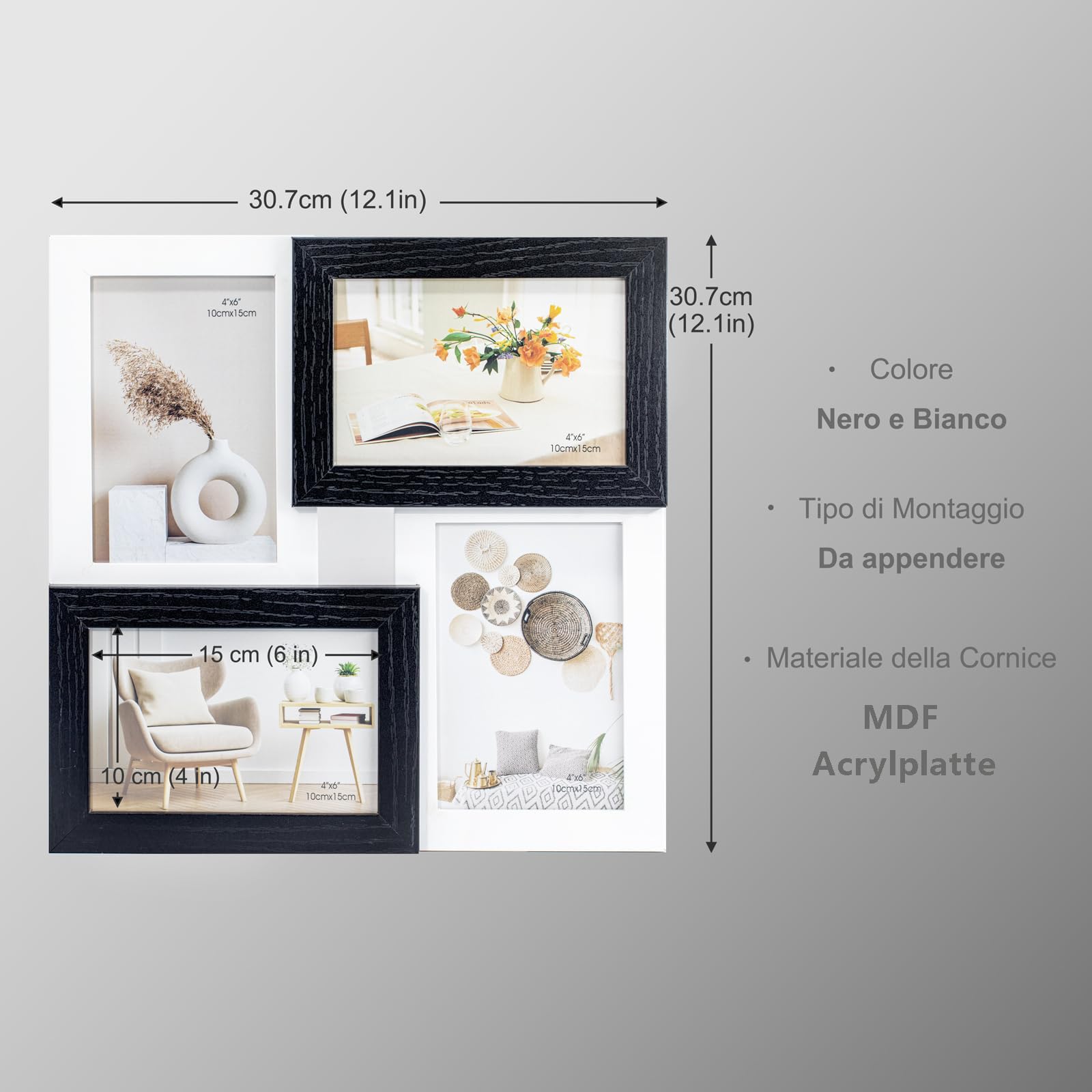 Tutee Cornice Per Foto, Robusta Cornice in Legno MDF, Cornici Foto Multiple da Parete, Portafoto da Parete Multiplo, Decorazioni Murali, Cornici 10x15cm 4PZ (Nero e Bianco)