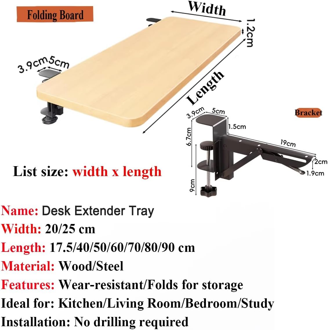 Desk Extender Tray, Wrist Support, Foldable Keyboard Extender For Desk, Table Mount For Sit Stand Desks, Clamp-on Desk Extender, Durable & Easy To Instal(White,20x40cm (7.9inx15.7in))