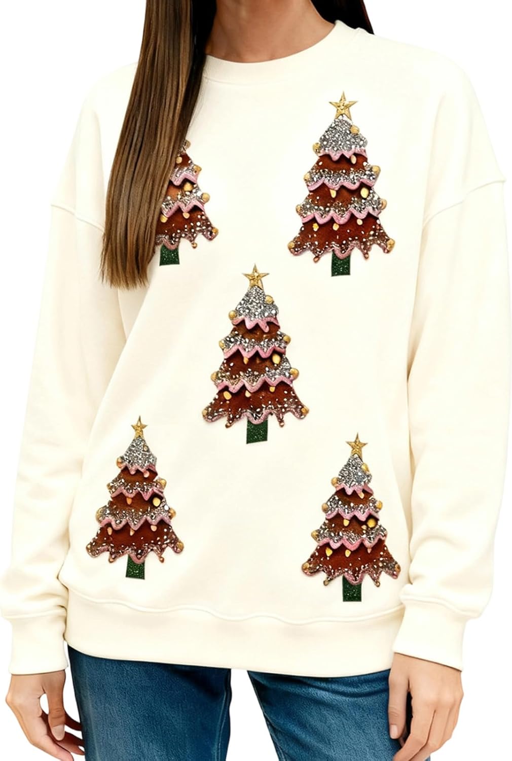 Argeousgor Women Sequin Christmas Sweatshirts Funny Graphic Printed Crewneck Side Slit Sparkly Glitter Pullover Tops