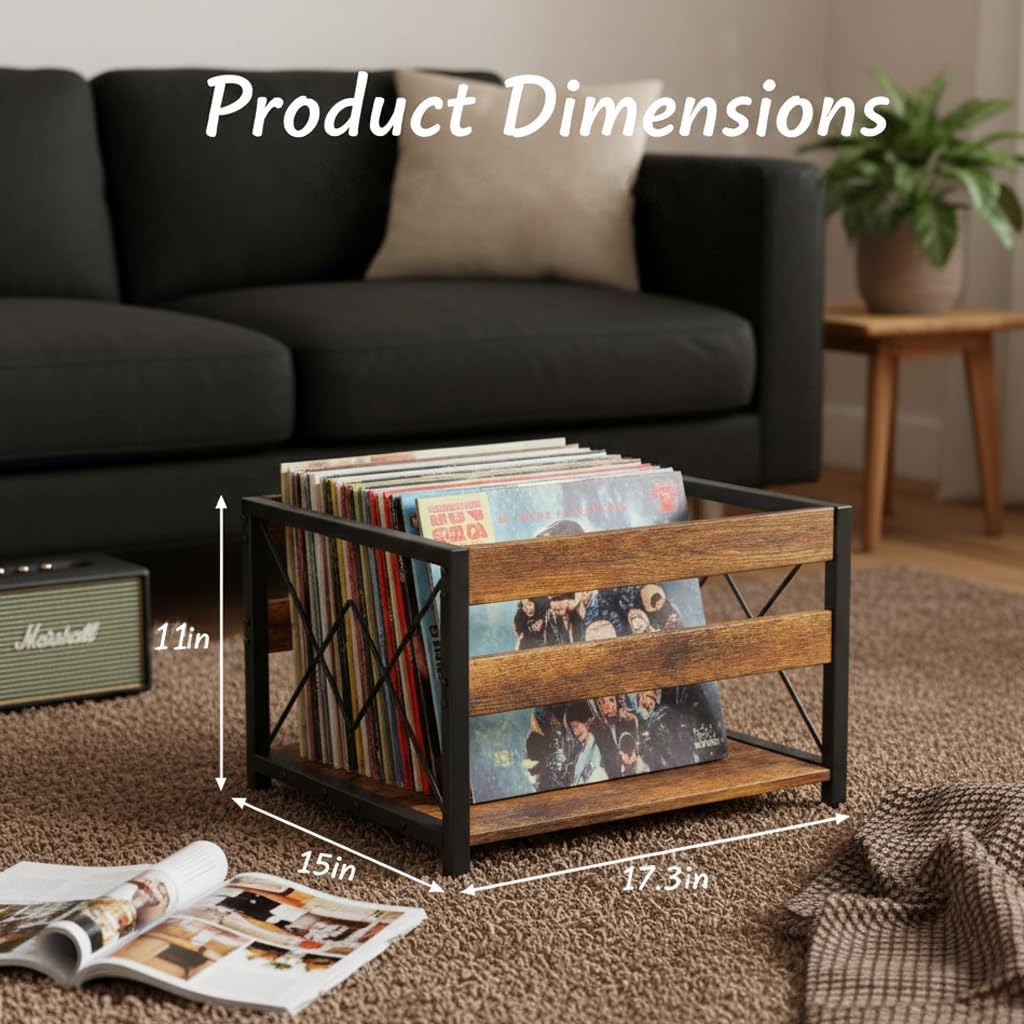 Y&M Vinyl Record Storage Crate, Wooden Storage Box, Classic Cube CD Albums Shelf Holder Organizer, Holds Up to 100+ Records, Magazine Rack for Desktop, Home, Office, Brown