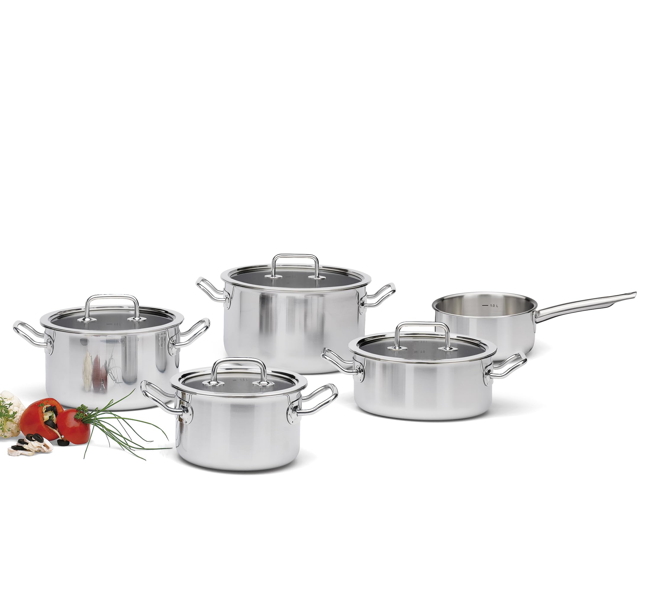 Spring Brigade Basic Topf-Set 5-tlg., Mehrschicht-Edelstahl | Kochtöpfe und Bratentopf, induktionsgeeignet, spülmaschinenfest, backofenfest, wärmeisolierende Griffkonstruktion