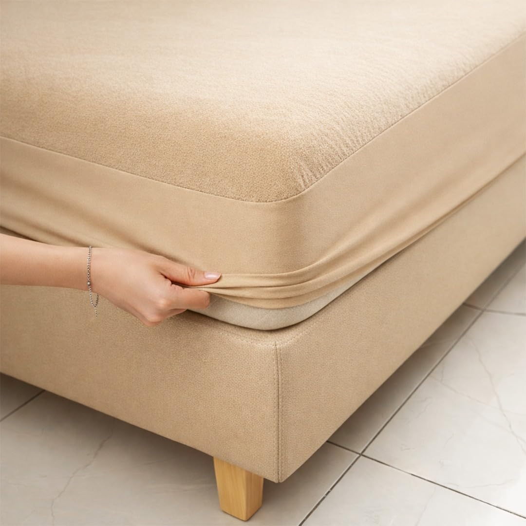 HOMEMONDE 100% Waterproof Premium Cotton Feel Mattress Protector Queen Size, 75x60 Inches | Breathable and Hypoallergenic Ultra Soft Fitted Bed Protector Cover (75"x60" - Queen, Beige)