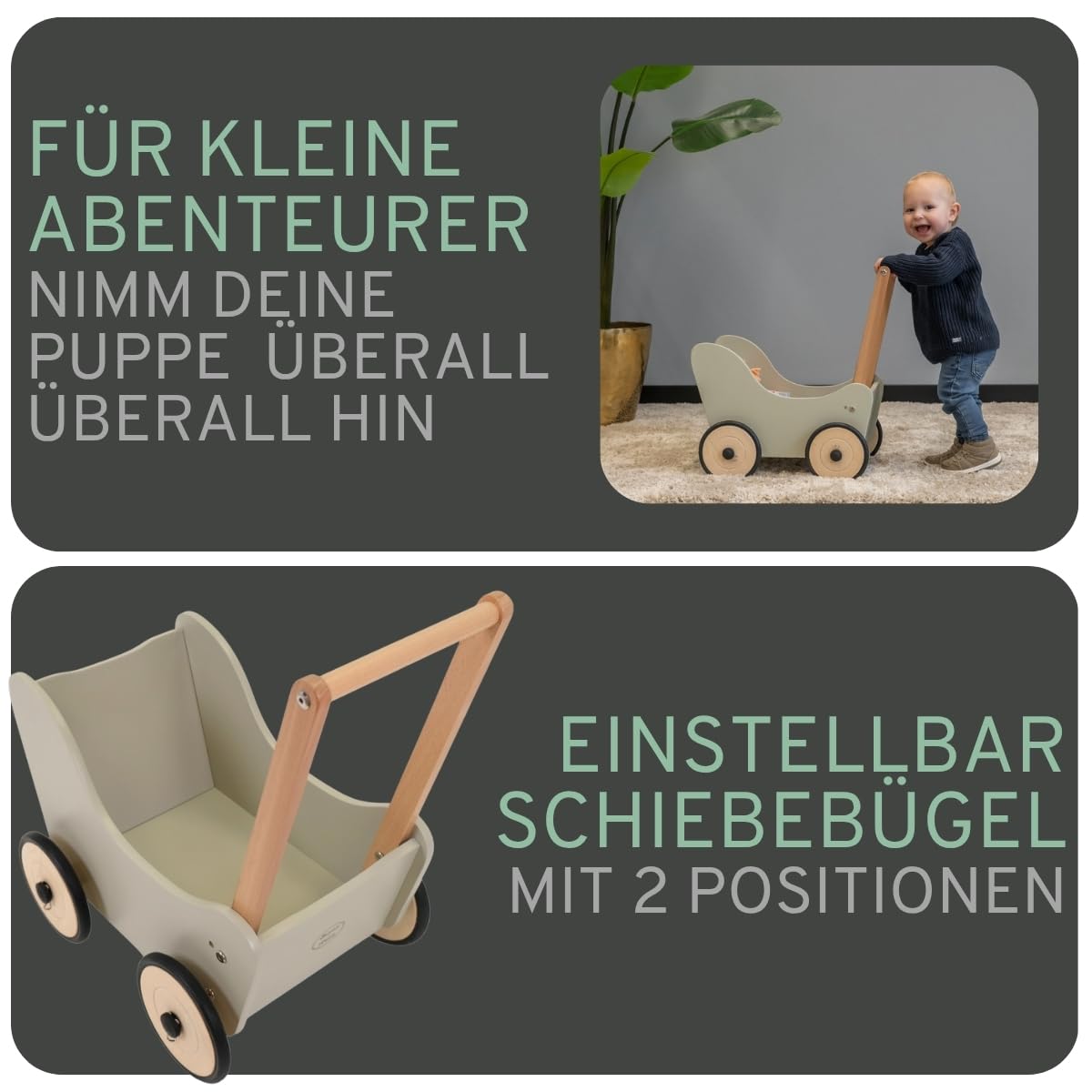 Bandits & Angels Puppenwagen Little Angel ab 1 Jahr - Puppenwagen aus Holz - Für Mädchen - Für Puppen bis 42 cm - Gummiräder (Olive Green)