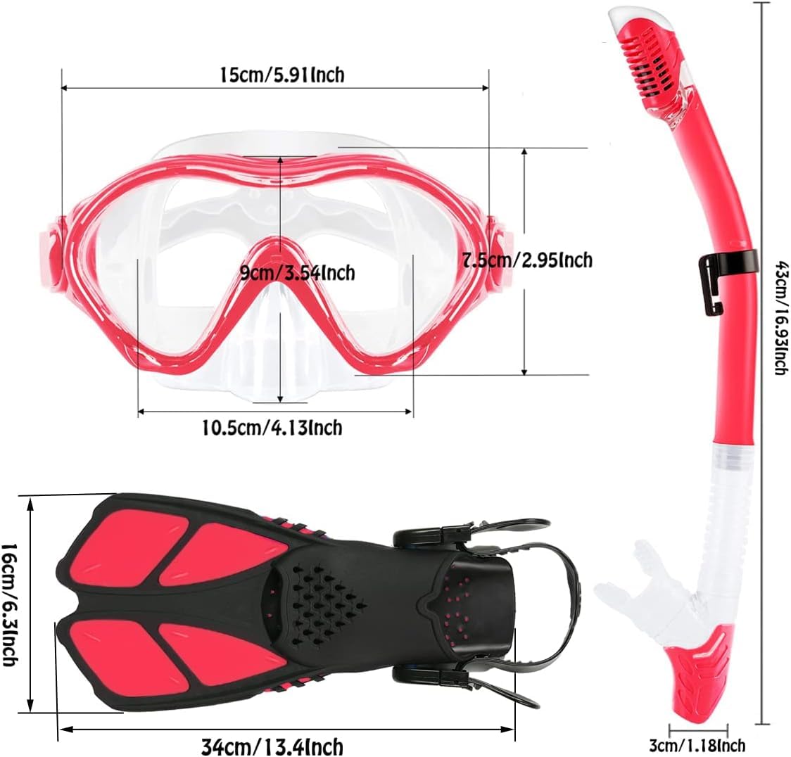 Juego de aletas de máscara para niños, paquetes de esnórquel, con máscara de buceo, esnórquel, aletas de natación ajustables, bolsa de malla, equipo de esnórquel antivaho y antifugas