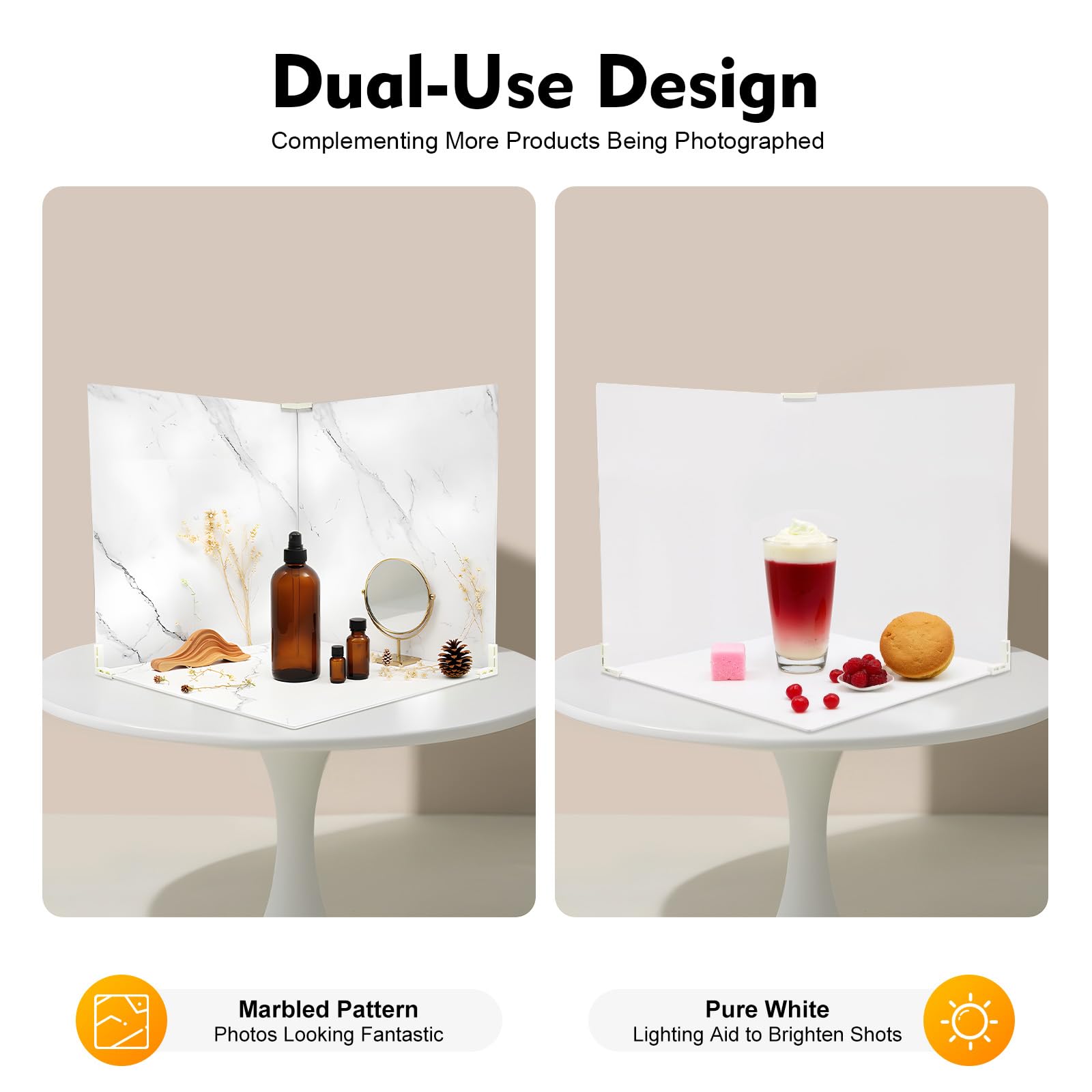 Juego de 3 fondos fotográficos, fondo para fotografía, doble cara, mármol, blanco, mesa de fotografía de productos, combinable con botones de presión para alimentos, cosméticos y joyas