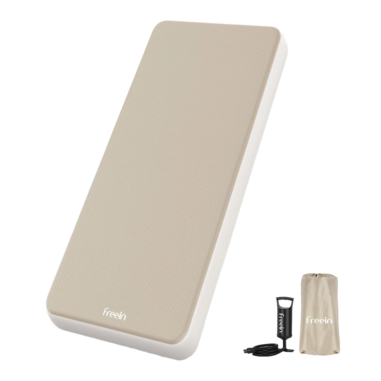 Freein Materasso gonfiabile ad aria singola, capacità di carico 453,6 kg, altezza del letto 10,2 cm, materassino portatile per campeggio, tenda e ospiti, pavimento con pompa ad aria manuale e borsa