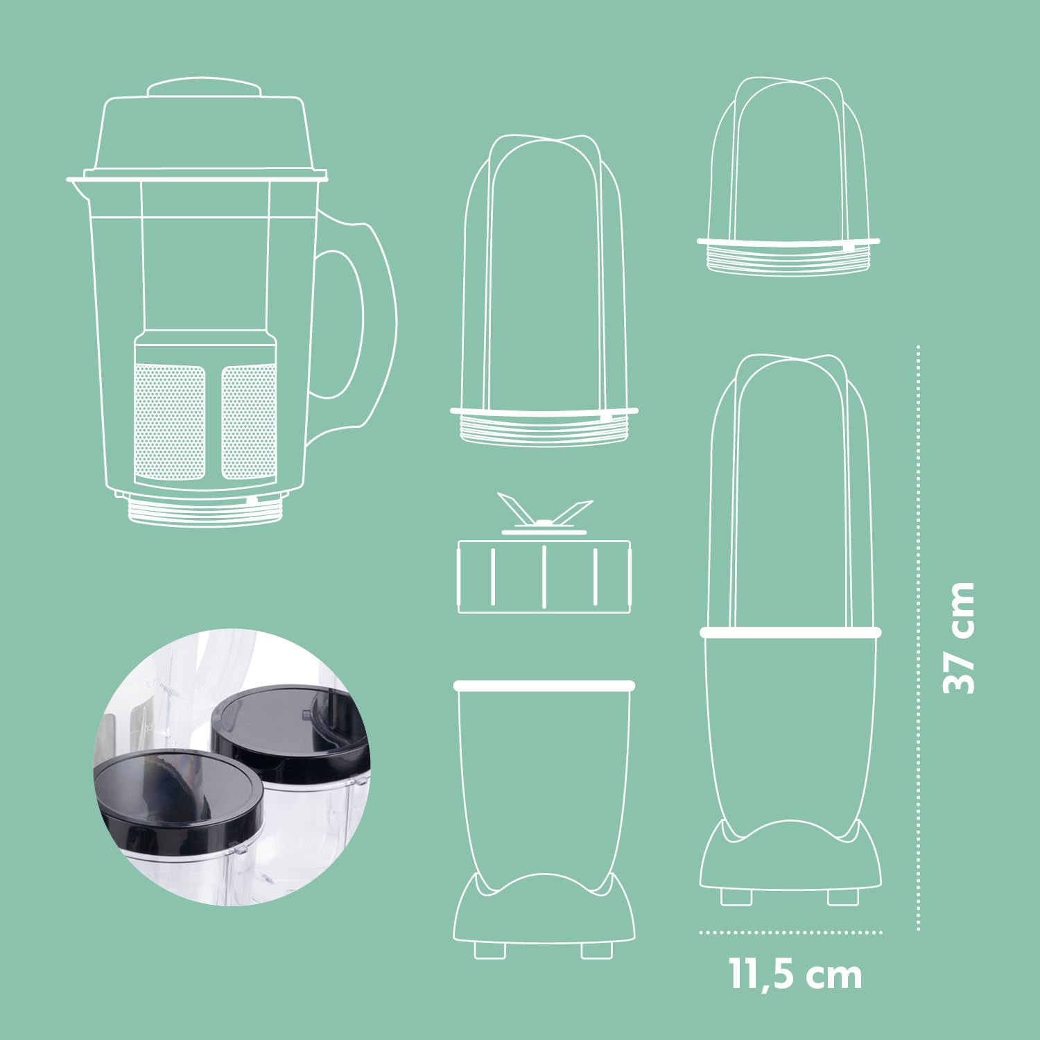 GOURMETmaxx Mr. Magic Mixer | Smoothie Maker z zestawem akcesoriów XXL | mikser stojący 18-częściowy | blender z pokrywkami utrzymującymi świeżość | Procesor do shake'ów, smoothies itp.