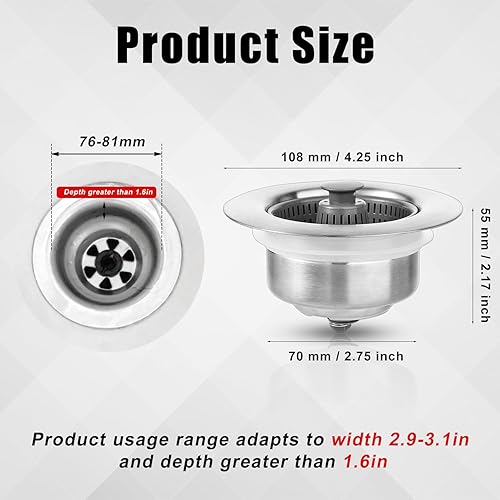 Miniatura 2 de Ayuda para fregadero de acero inoxidable 3 en 1, tapón de fregadero de cocina de acero inoxidable, filtro de drenaje para fregadero, filtro de