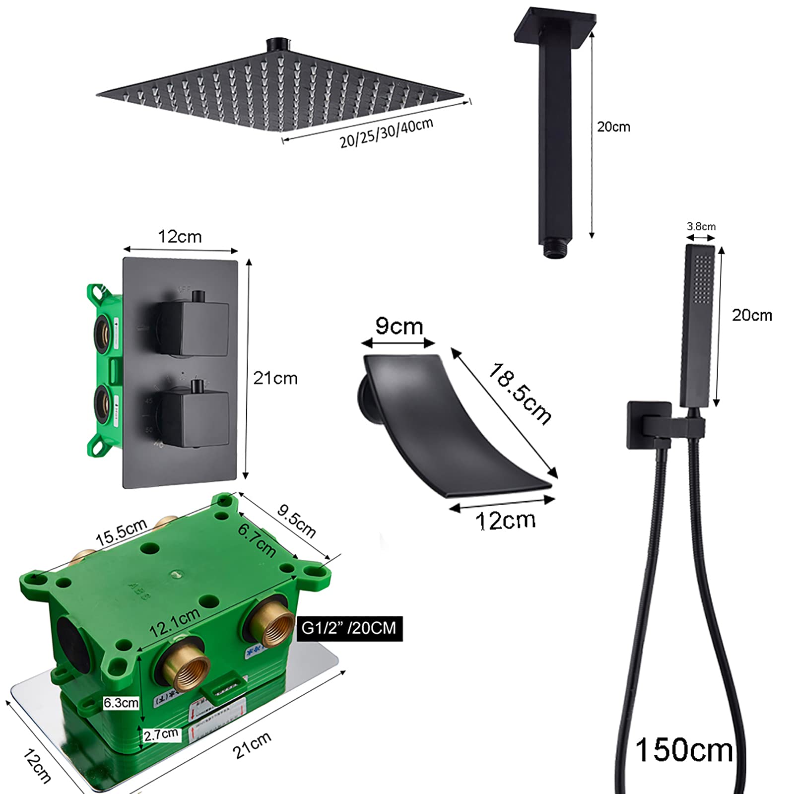 Sistema doccia termostatico con beccuccio for vasca a cascata Rubinetto for doccia nero Sistema for soffione doccia a pioggia quadrato montato a soffitto con set doccia a mano Set combinato for doccia