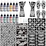 Temporary Tattoo Kit - 12 Bottles Color Temporary Tattoo Ink with 95 Pcs Stencils,DIY Fake Tattoos Kit for Adults,Kids & Party(Black×2,Red,Green,Purple,Orange,Navy Blue,Brown,Pink,Grey,Yellow)