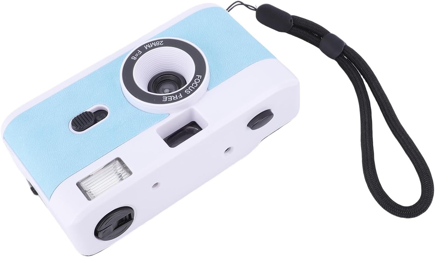 PUSOKEI 35mm Film Camera, Reusable Retro Film Camera with Built in 27 Color Films and Flash, 28mm F8 Lens Manual Focus, for Students Adults Birthday Gifts (White Blue)