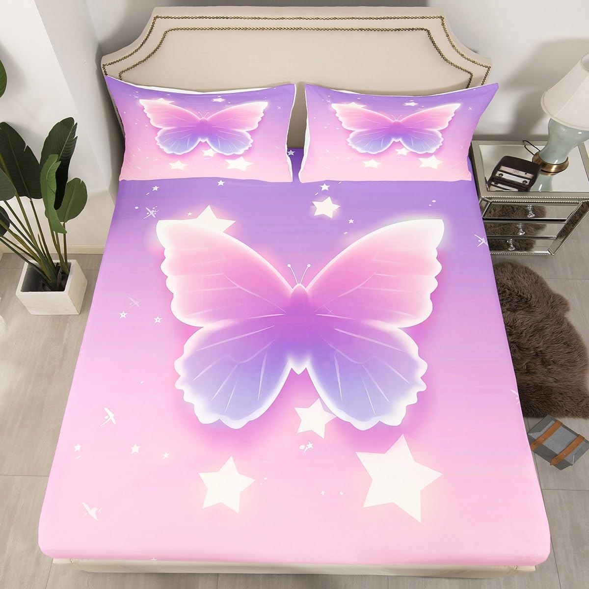Butterfly Full Size Fitted Sheet,Fantasy Animal Fairy Tale Princess Style 3 Pieces Kids Teenager Room Decor Gradient Pink Purple Starry Pocket 2 Pillowcases