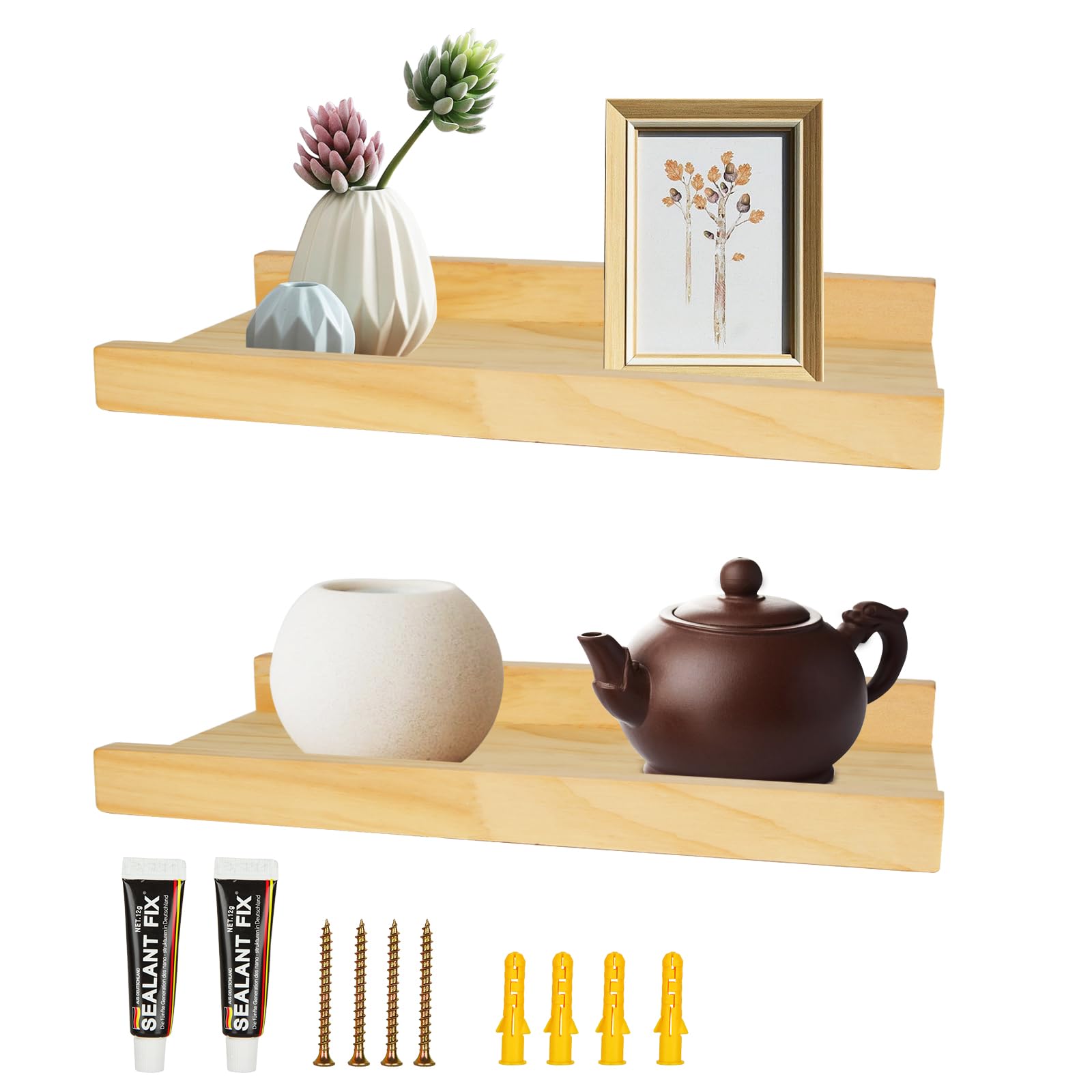 APACALI 2 Pack Wooden Floating Shelves, 30cm Wall Mounted Wooden Shelves, Solid Wood Floating Shelves, Wooden Picture Ledge Shelves for Bedroom, Bathroom, Living Room, Kitchen