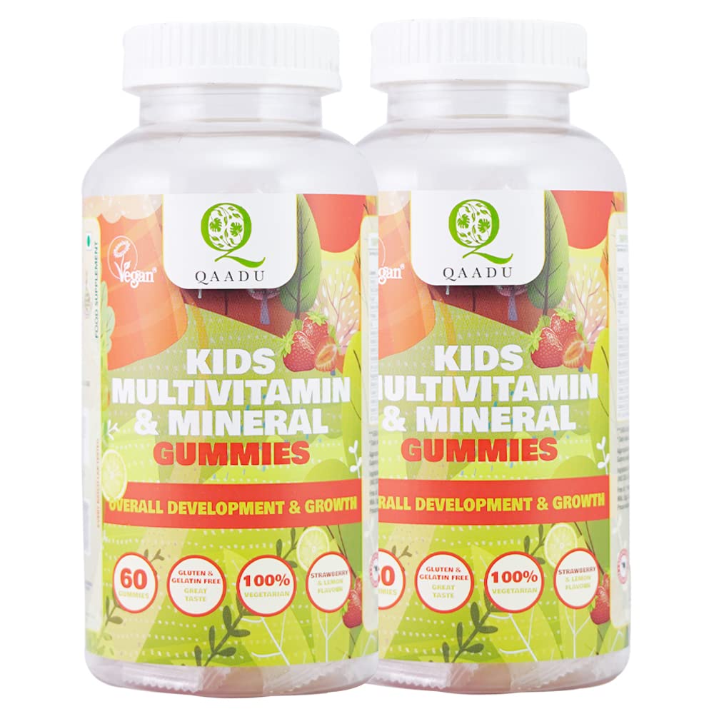 Qaadu Kids Multivitamin Gummies pack 2 | 60 X 2Gummies | Vitamins A, C, D, E, B12, Zinc | Daily Health, Energy Boost, Immune Support | Strawberry & Lemon Flavor | Power & Strength Gummies