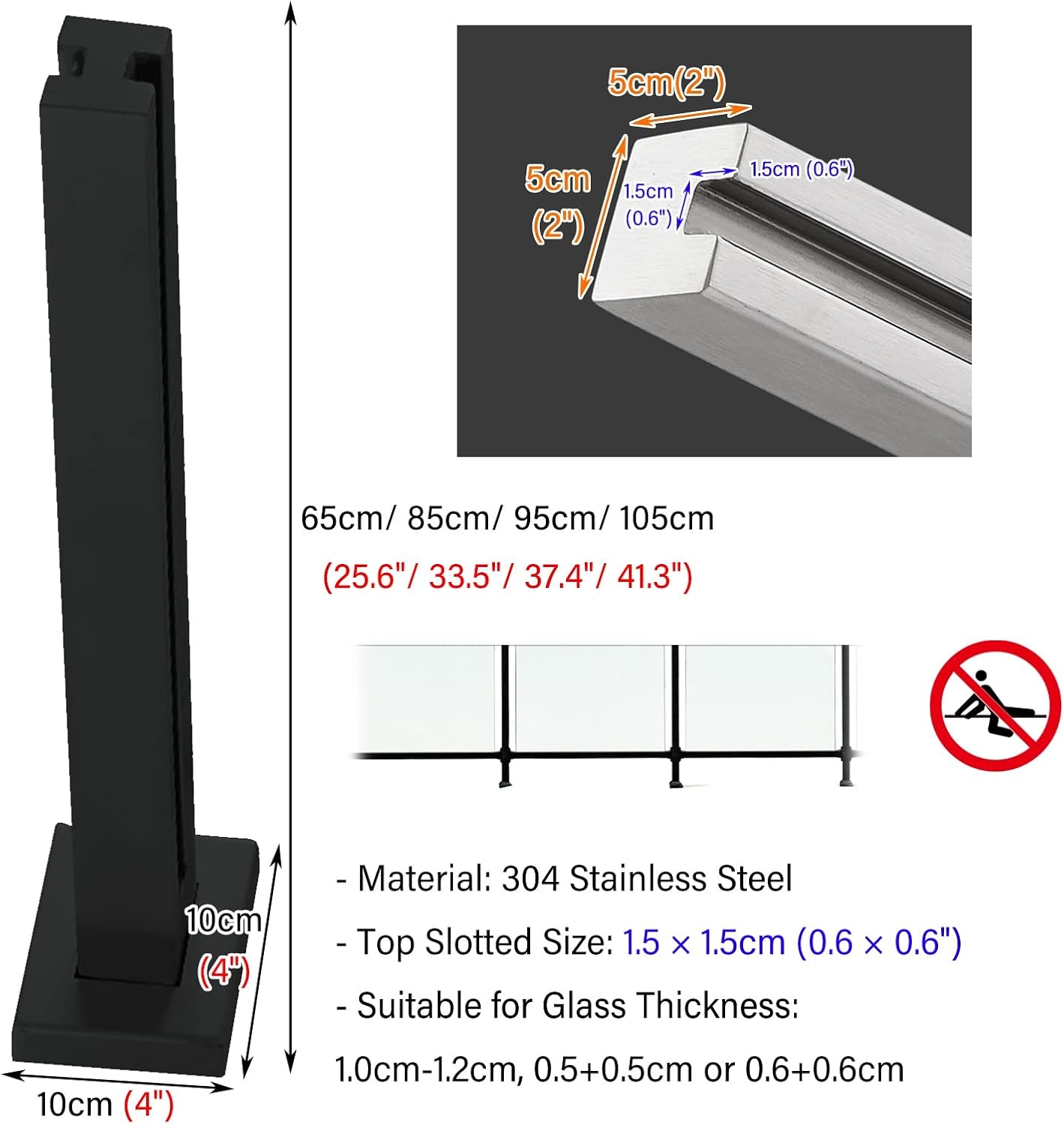 Glass Railing Post Square, Balustrade Panels Post Floor Mount Glass Clips for Deck Ballisters Fence Board, Black Stainless Steel Shelf Support Clamp (Color : Middle Post, Size : Height 65cm/25.6in)